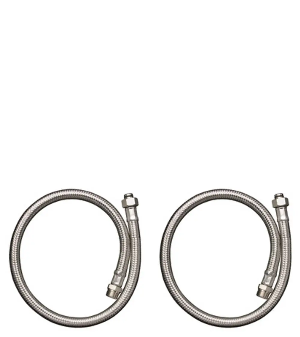 Zwei flexible Anschlussschläuche mit Metallummantelung, geeignet für den Anschluss einer 2-Loch Wannenrandarmatur von AXOR.